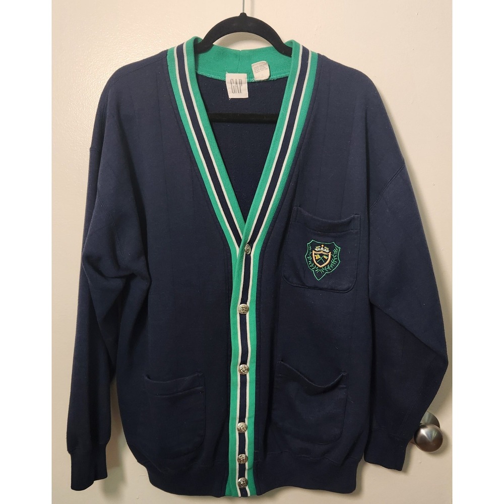 Vintage Gap 90s Men's Varsity Cardigan Sweater V-Neck Crested Silver Buttons‎ L